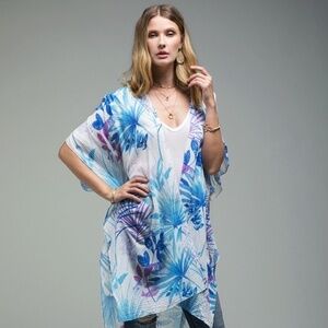Women's Tropical Leaf Bohemian Kimono Cover Up Blue/Purple One Size